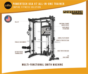 POWERTECH USA V7 ALL-IN-ONE TRAINER Multi Use Smith and Dual Pulley Plate Loaded Premium Rack Matte Black V7